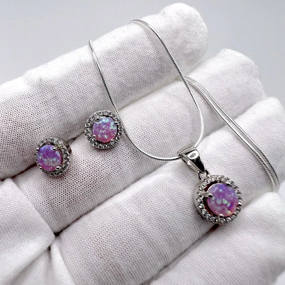 Sterling Silver Halo Pink Fire Opal Cz Set - Picture 5 of 17